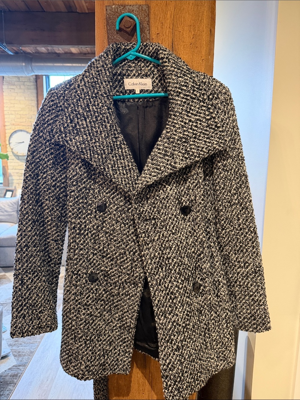 Calvin Klein Black and White Textured Wool-Blend Peacoat